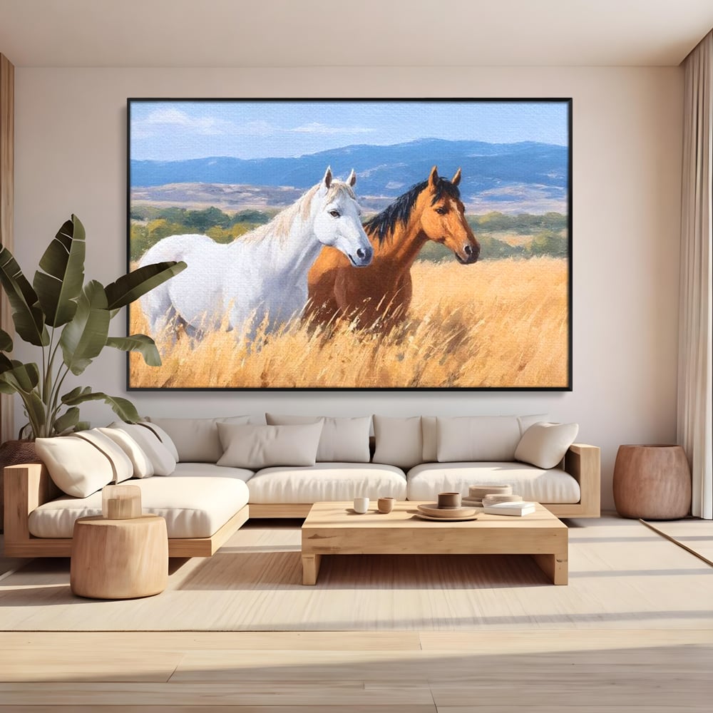 Tablou canvas cu tablou canvas cu doi cai in lan, in rama de aluminiu negru, pe perete intr-un living